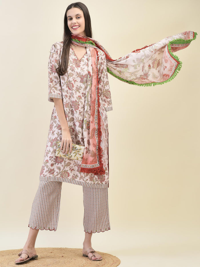 Women Viscose Peach Ornamental Print Kurta Comfort Pant Dupatta.