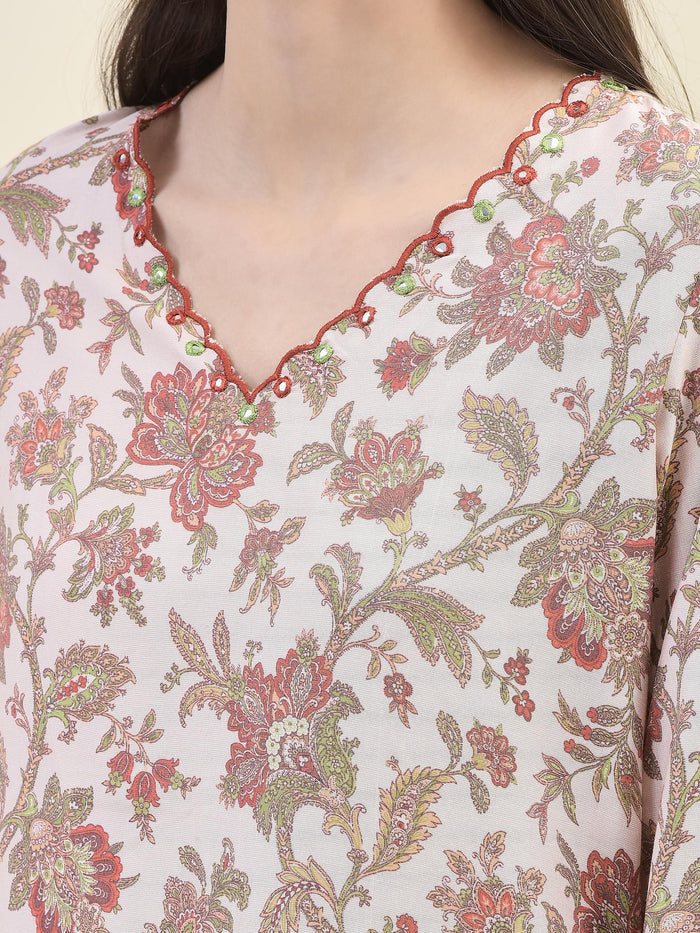 Women Viscose Peach Ornamental Print Kurta Comfort Pant Dupatta.