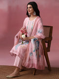Women Viscose Pink Embroidered Kurta Trouser Pant Dupatta.