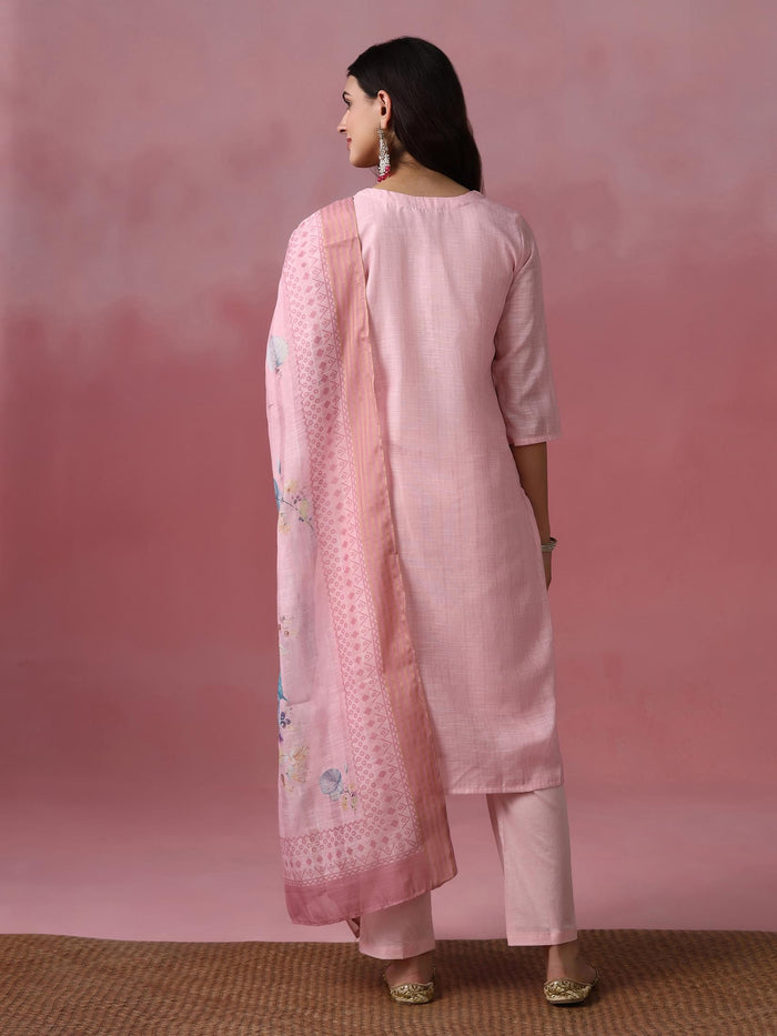 Women Viscose Pink Embroidered Kurta Trouser Pant Dupatta.