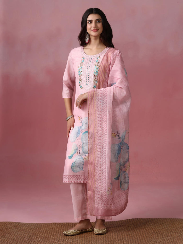 Women Viscose Pink Embroidered Kurta Trouser Pant Dupatta.