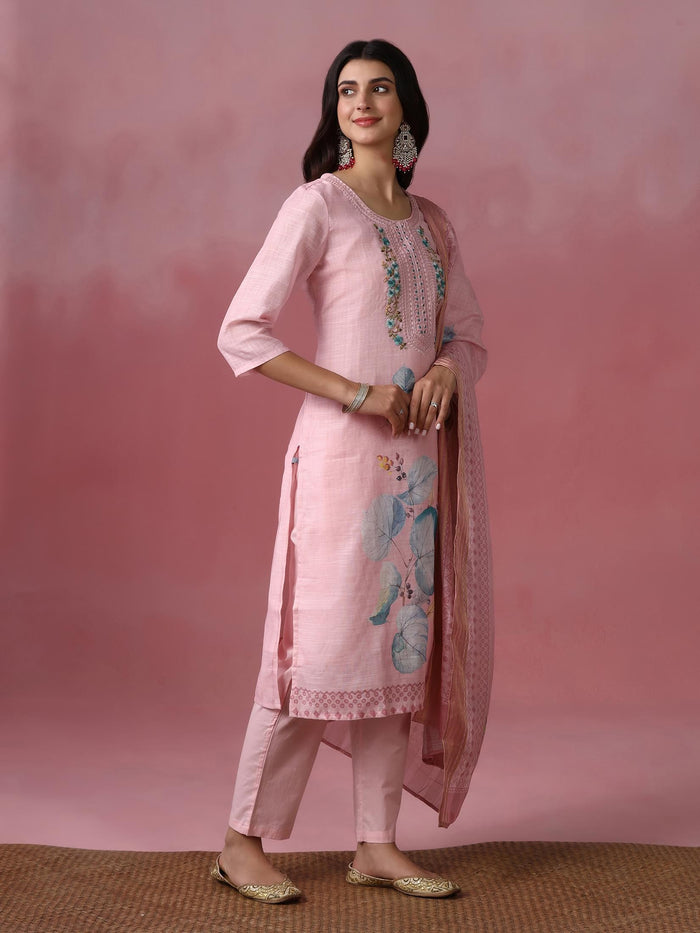 Women Viscose Pink Embroidered Kurta Trouser Pant Dupatta.