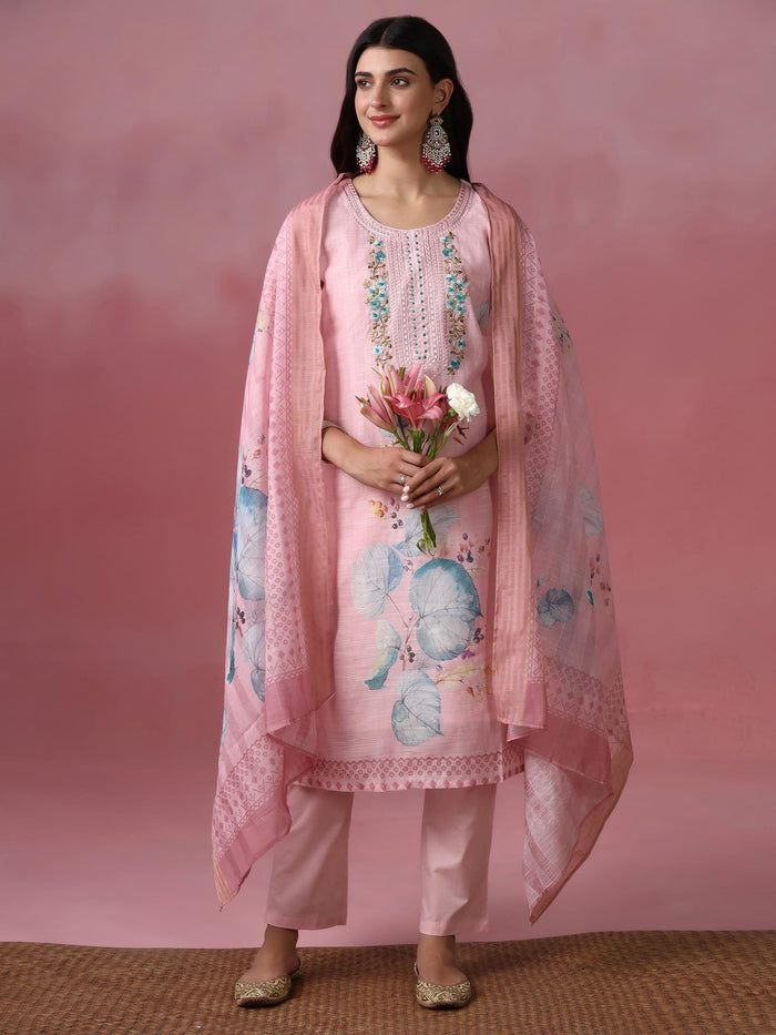Women Viscose Pink Embroidered Kurta Trouser Pant Dupatta.