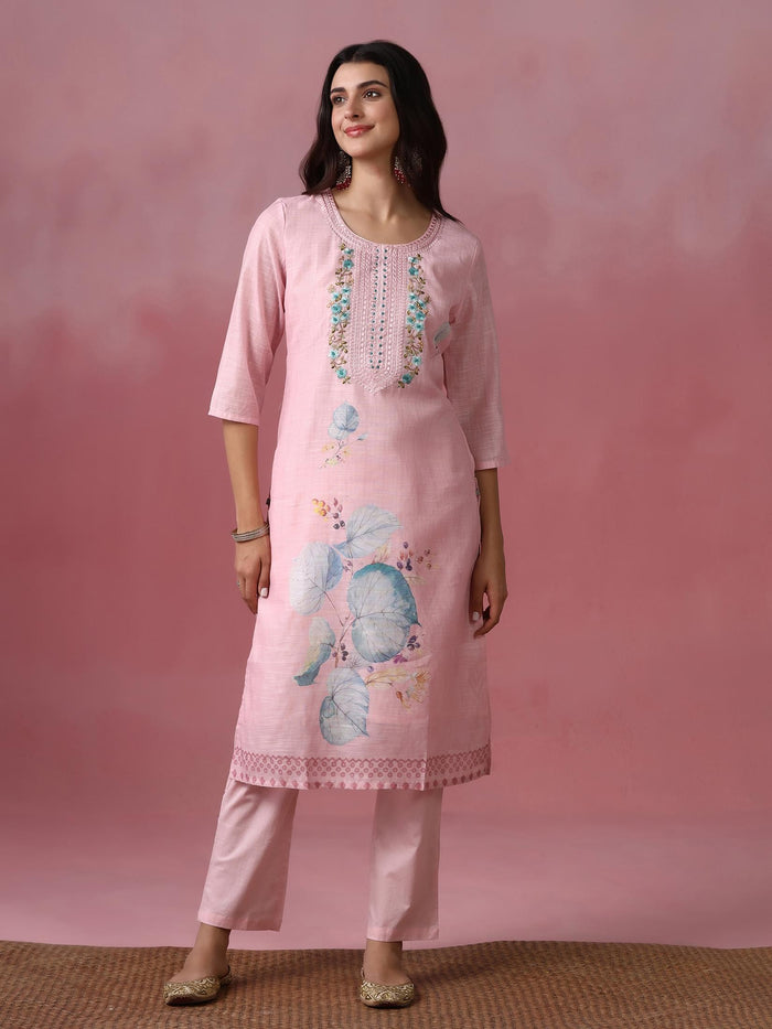 Women Viscose Pink Embroidered Kurta Trouser Pant Dupatta.