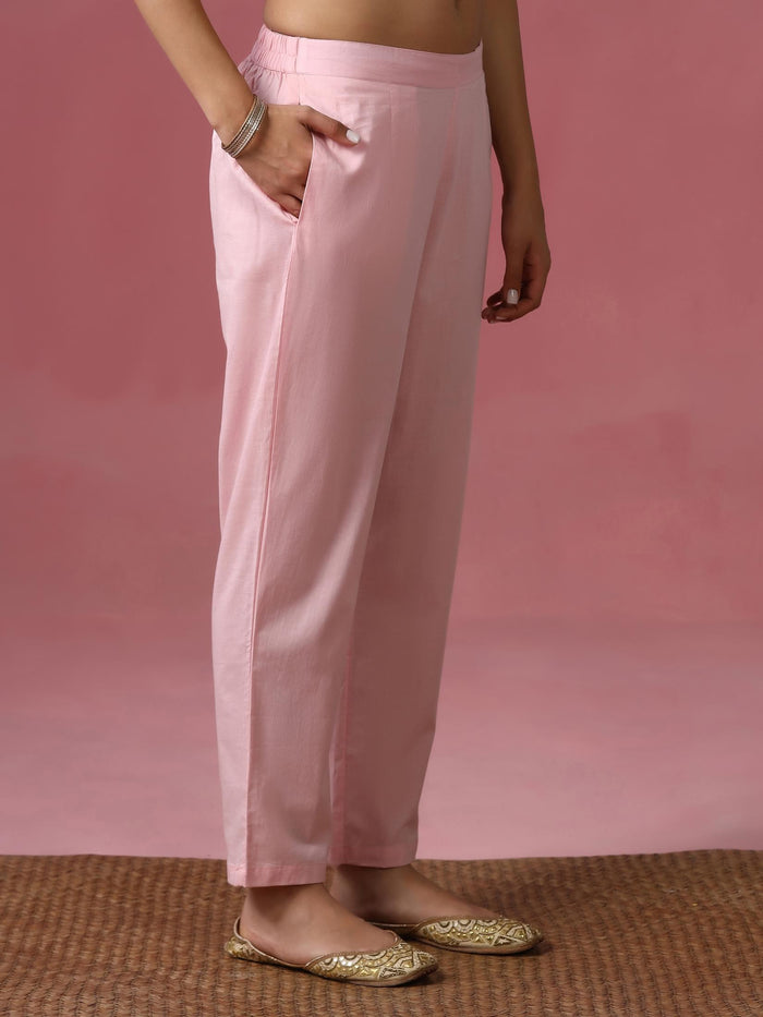Women Viscose Pink Embroidered Kurta Trouser Pant Dupatta.