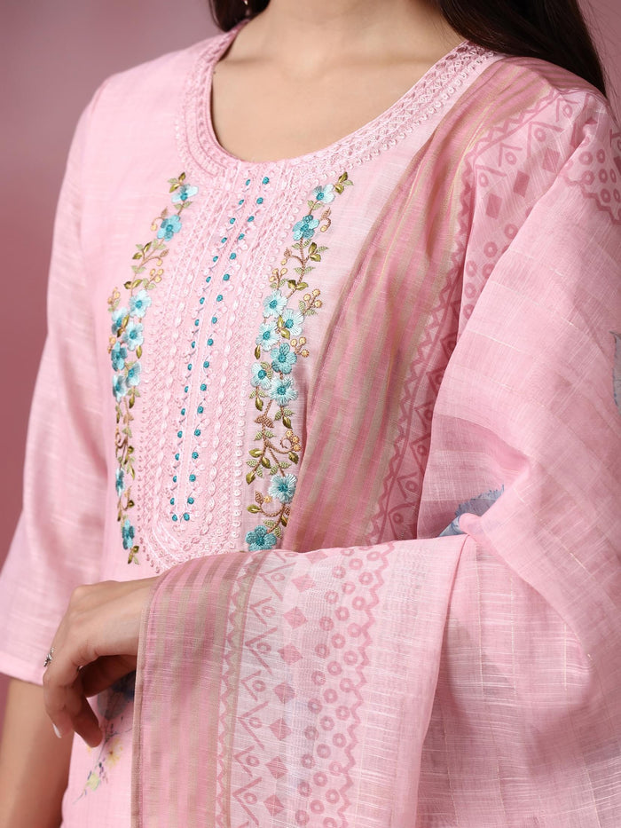 Women Viscose Pink Embroidered Kurta Trouser Pant Dupatta.