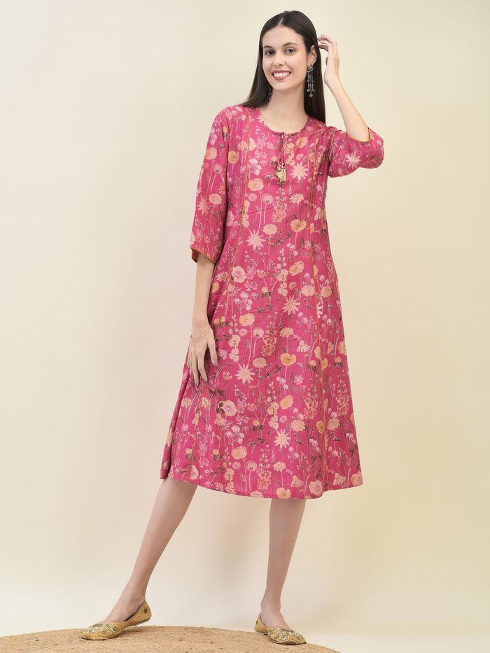 Women Viscose Pink Floral Print Dress.