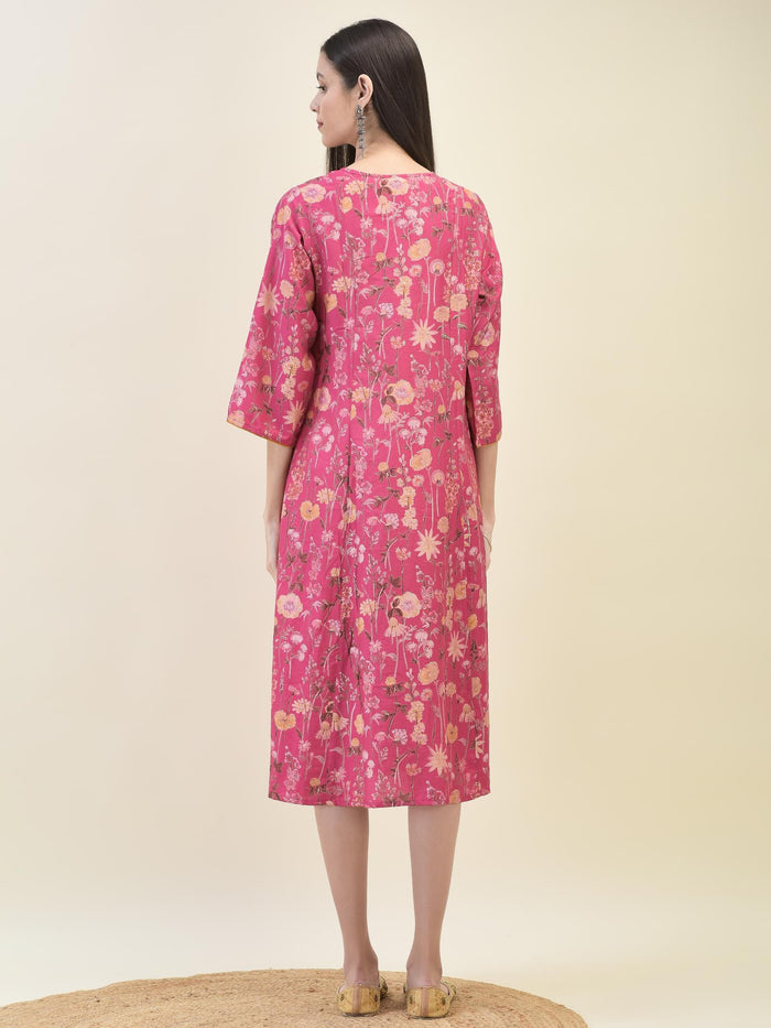 Women Viscose Pink Floral Print Dress.