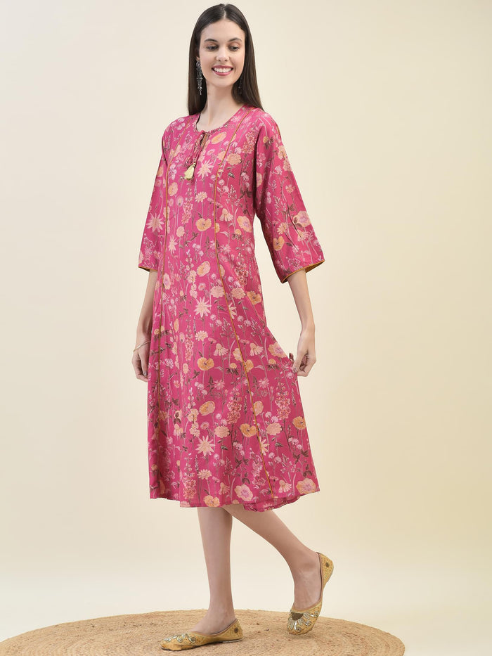 Women Viscose Pink Floral Print Dress.