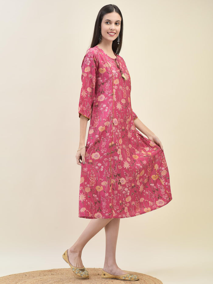 Women Viscose Pink Floral Print Dress.