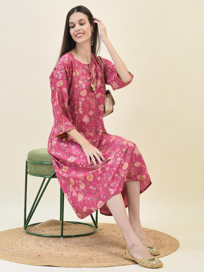Women Viscose Pink Floral Print Dress.