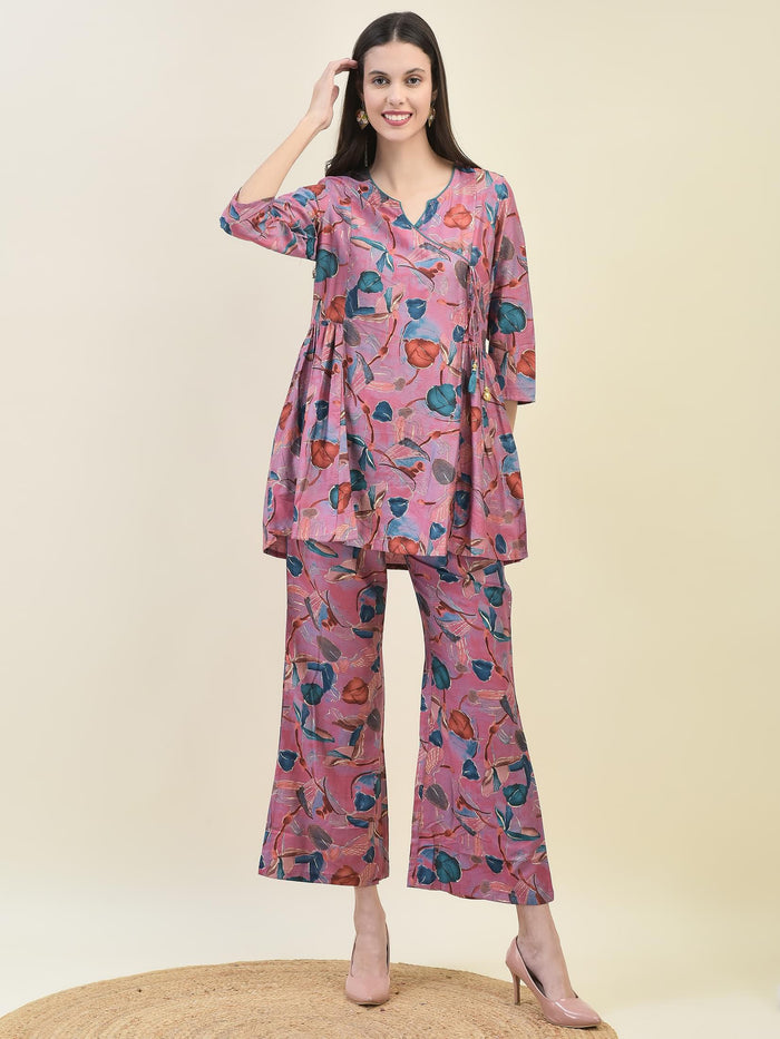 Women Viscose Pink Tropical Print Co-Ord Set.