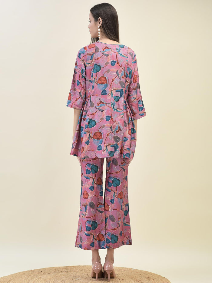 Women Viscose Pink Tropical Print Co-Ord Set.