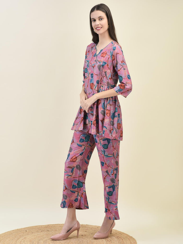 Women Viscose Pink Tropical Print Co-Ord Set.