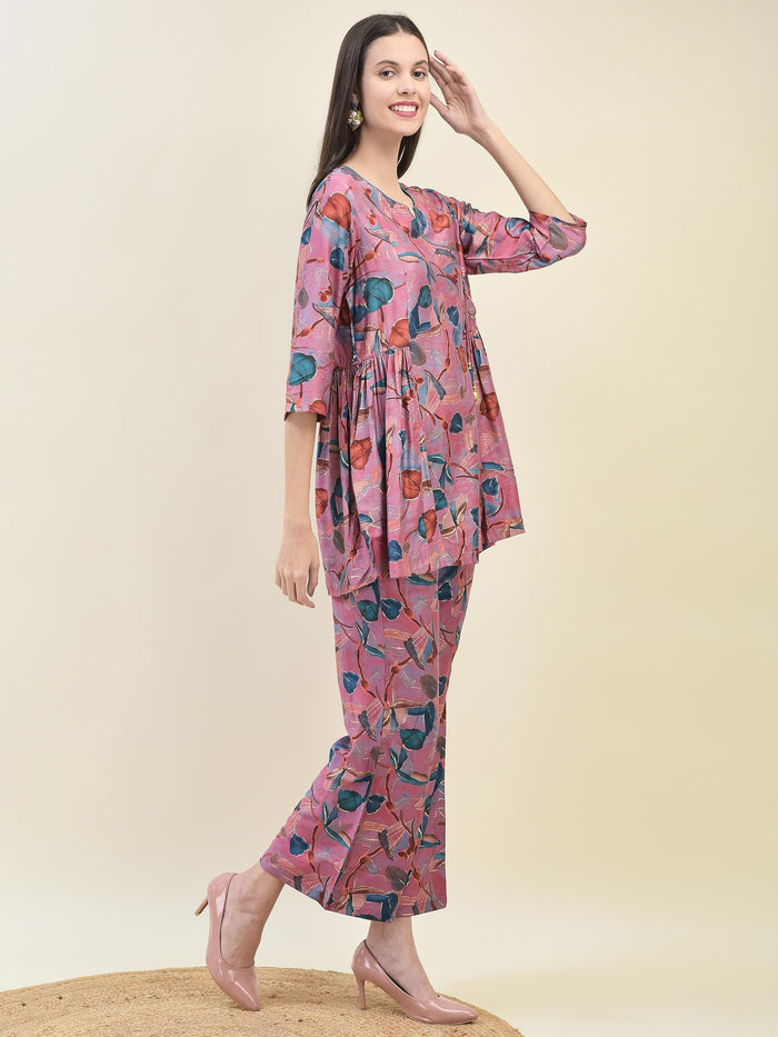 Women Viscose Pink Tropical Print Co-Ord Set.