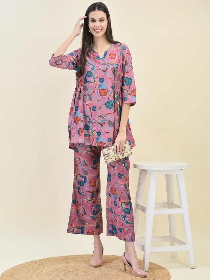 Women Viscose Pink Tropical Print Co-Ord Set.