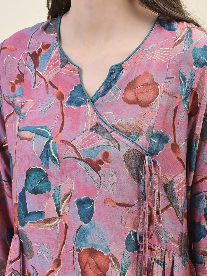Women Viscose Pink Tropical Print Co-Ord Set.