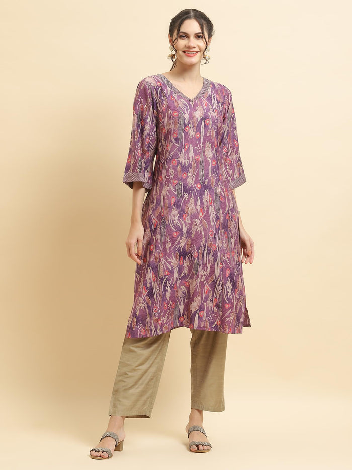 Women Viscose Purple Abstract Print Kurta.