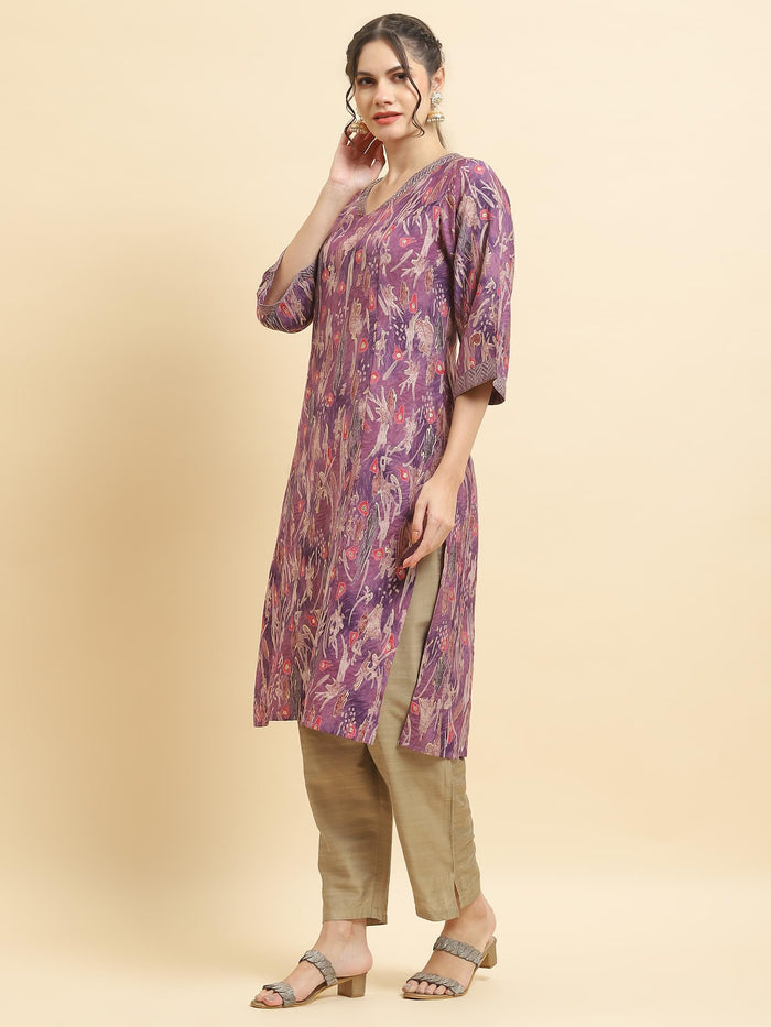 Women Viscose Purple Abstract Print Kurta.