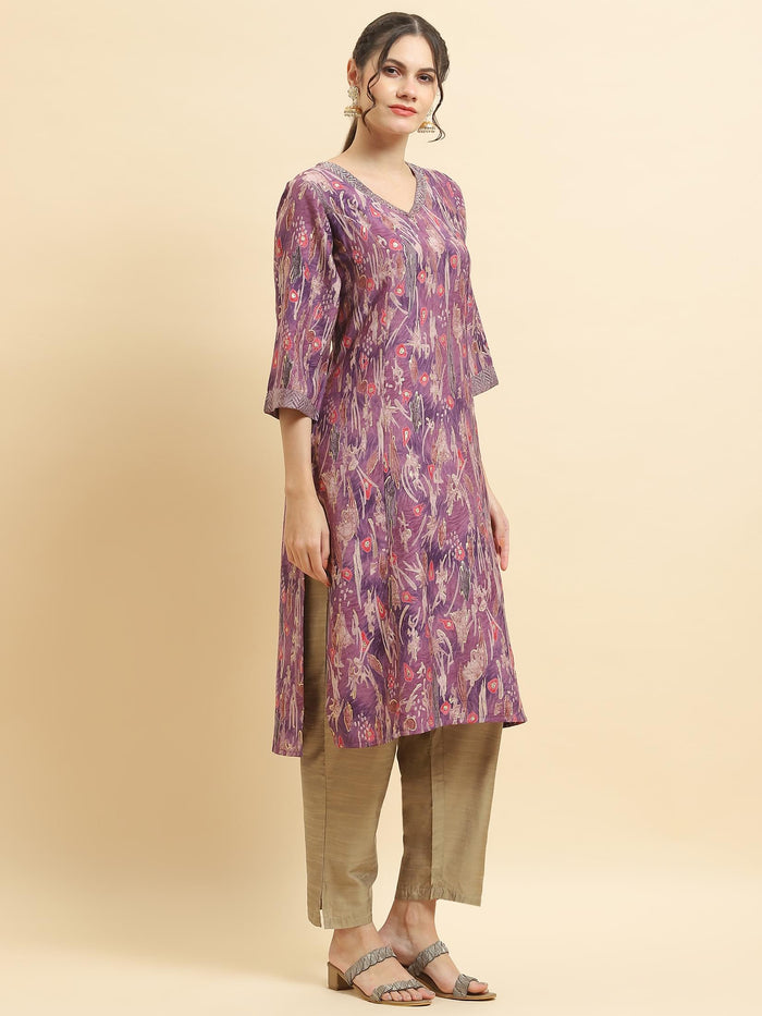 Women Viscose Purple Abstract Print Kurta.