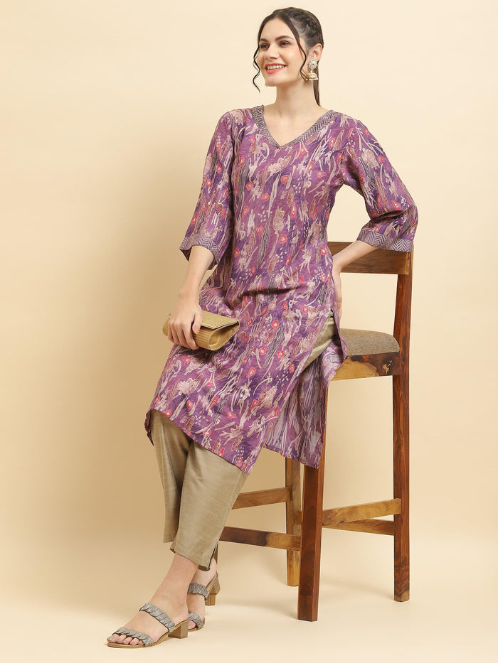 Women Viscose Purple Abstract Print Kurta.