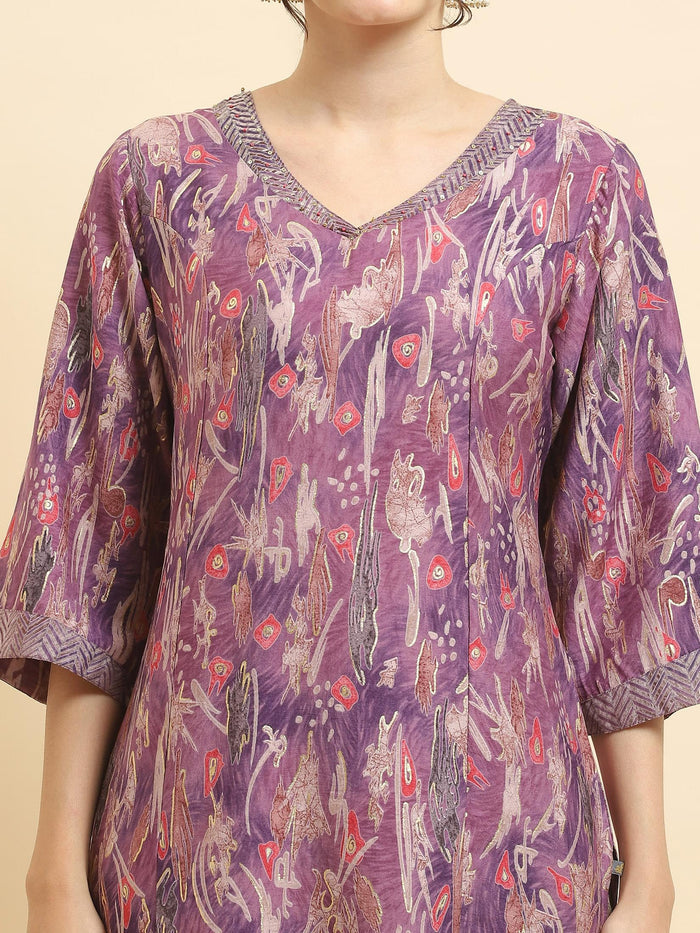 Women Viscose Purple Abstract Print Kurta.