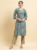 Women Viscose Teal Abstract Print Kurta.