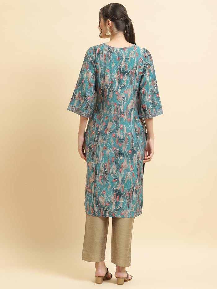 Women Viscose Teal Abstract Print Kurta.