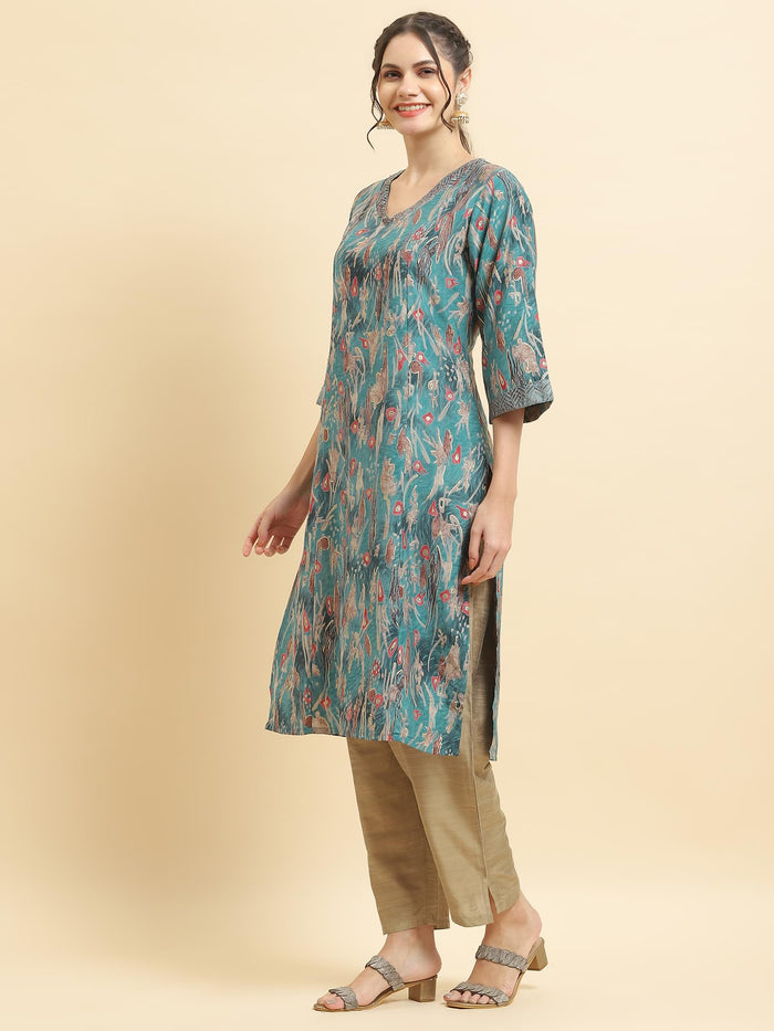 Women Viscose Teal Abstract Print Kurta.