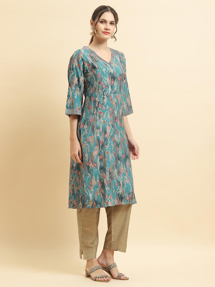 Women Viscose Teal Abstract Print Kurta.