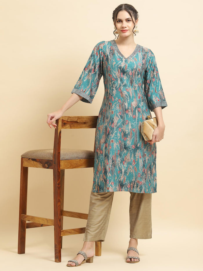 Women Viscose Teal Abstract Print Kurta.