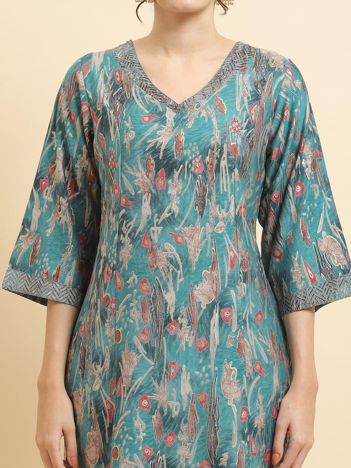 Women Viscose Teal Abstract Print Kurta.