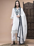 Women Viscose White Embroidered Kurta Comfort Pant Dupatta.