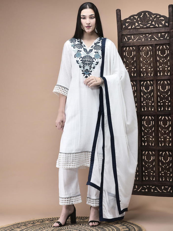 Women Viscose White Embroidered Kurta Comfort Pant Dupatta.