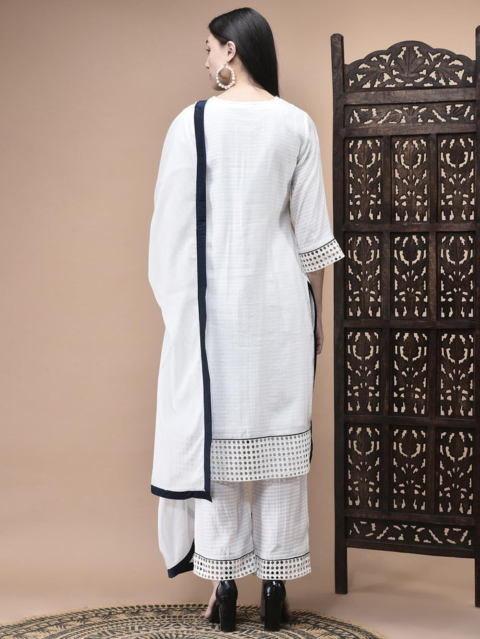 Women Viscose White Embroidered Kurta Comfort Pant Dupatta.