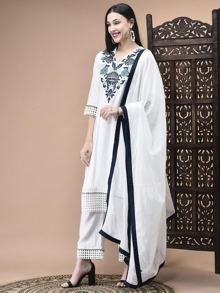 Women Viscose White Embroidered Kurta Comfort Pant Dupatta.