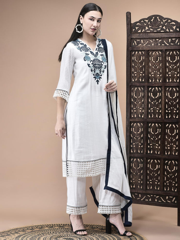 Women Viscose White Embroidered Kurta Comfort Pant Dupatta.