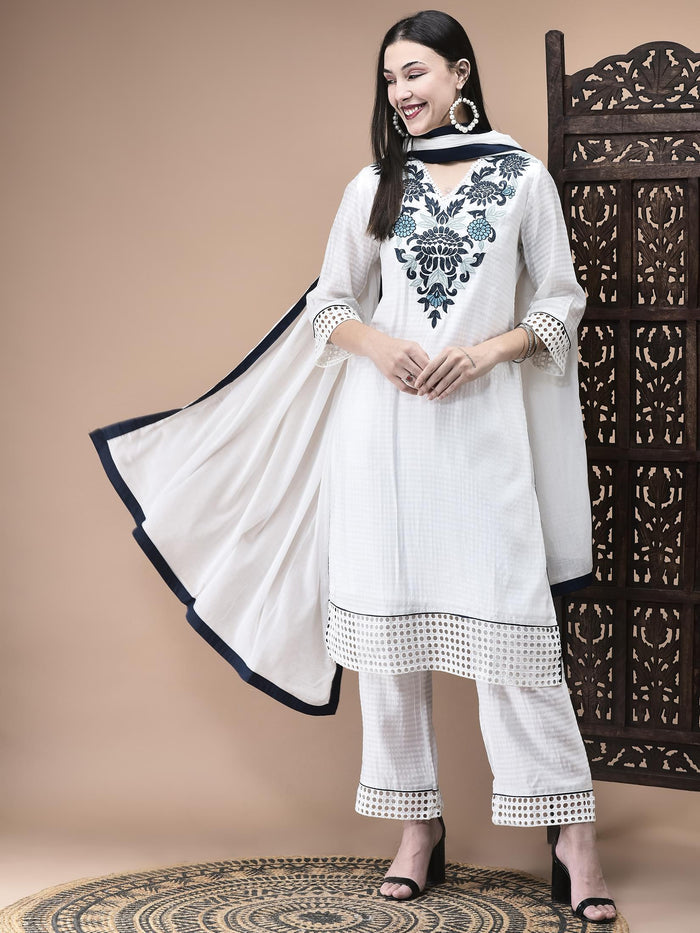 Women Viscose White Embroidered Kurta Comfort Pant Dupatta.
