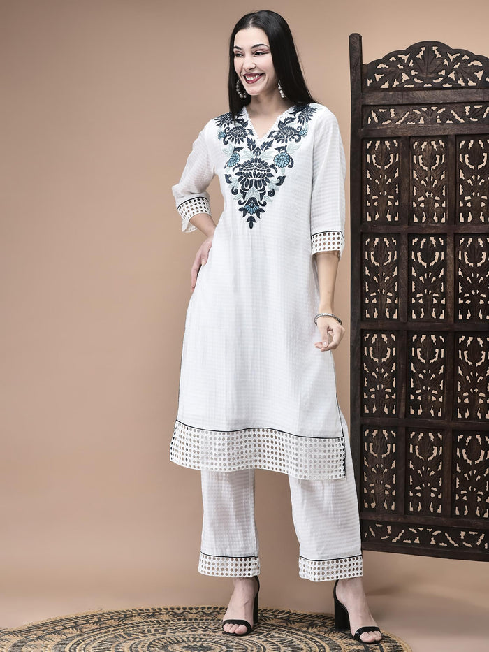 Women Viscose White Embroidered Kurta Comfort Pant Dupatta.