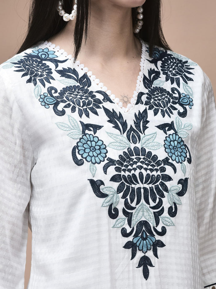 Women Viscose White Embroidered Kurta Comfort Pant Dupatta.