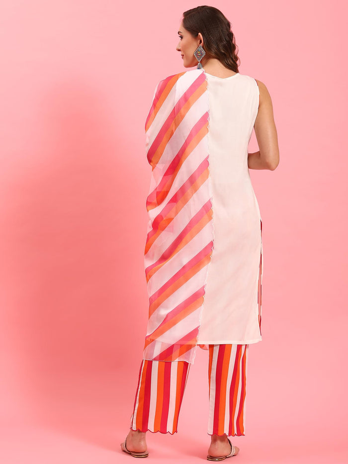 Women White Embroidered Kurta Comfort Pant Dupatta.