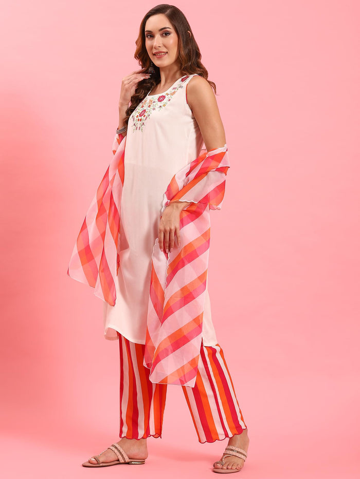 Women White Embroidered Kurta Comfort Pant Dupatta.