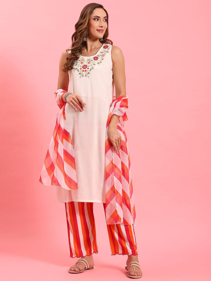 Women White Embroidered Kurta Comfort Pant Dupatta.