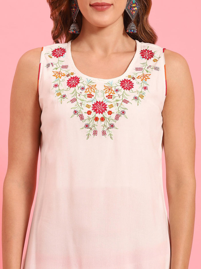 Women White Embroidered Kurta Comfort Pant Dupatta.