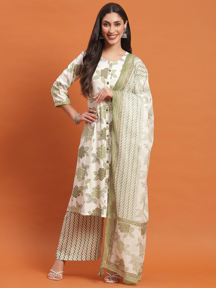 Women White Floral Print Kurta Wide Pant Dupatta.