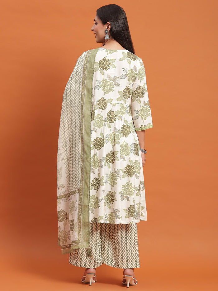 Women White Floral Print Kurta Wide Pant Dupatta.