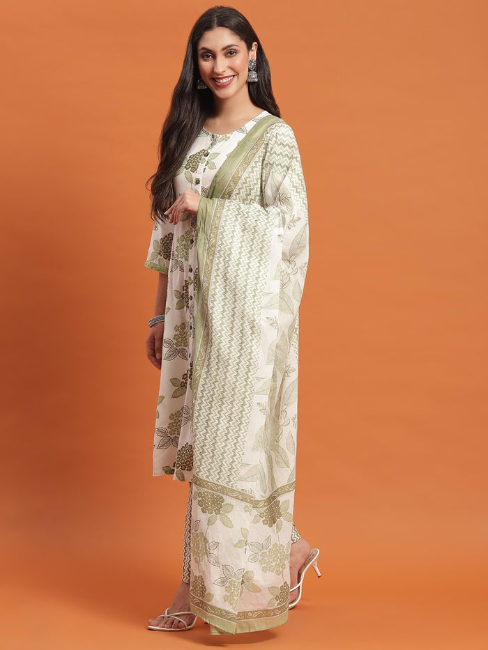 Women White Floral Print Kurta Wide Pant Dupatta.