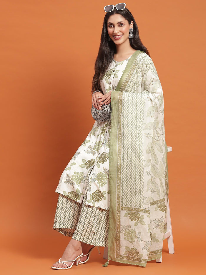 Women White Floral Print Kurta Wide Pant Dupatta.
