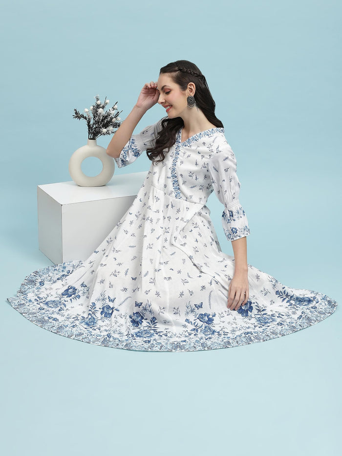 Women White Floral Printed Dress.