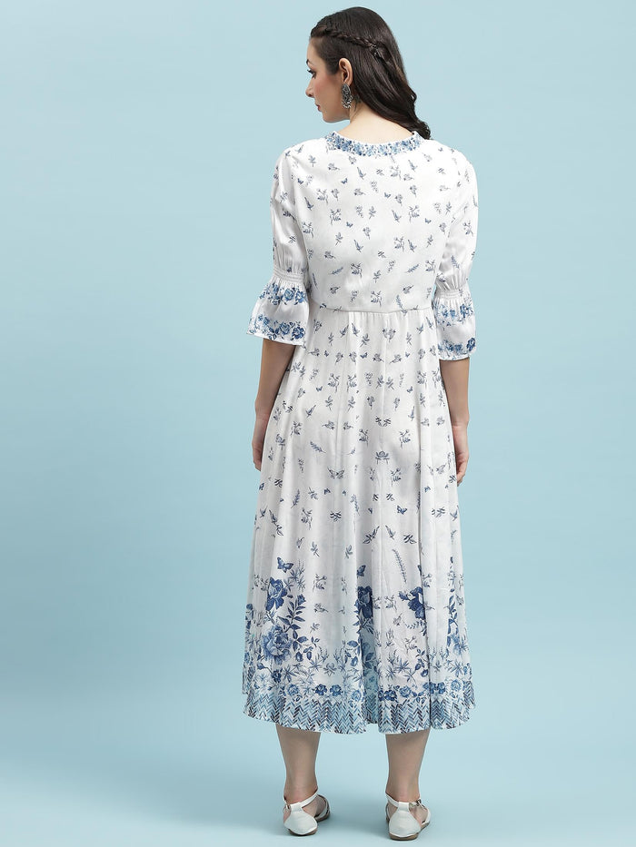 Women White Floral Printed Dress.